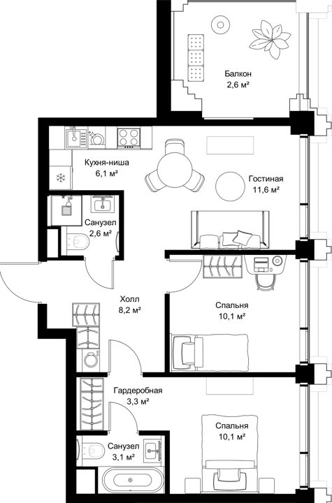 2-комнатная квартира, 57,7 м²