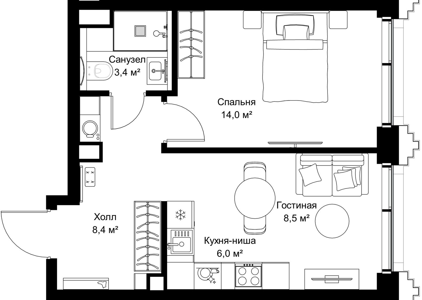 1-комнатная квартира, 40,3 м²