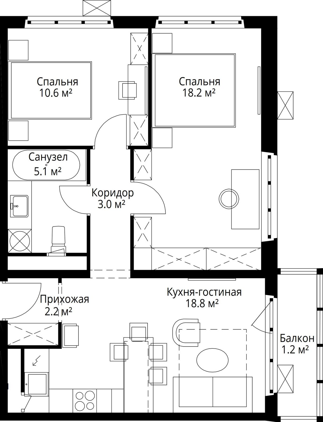 2-комнатная квартира, 59,1 м²