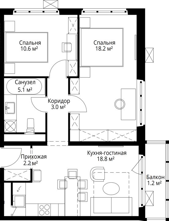2-комнатная квартира, 59,1 м² — фото 1