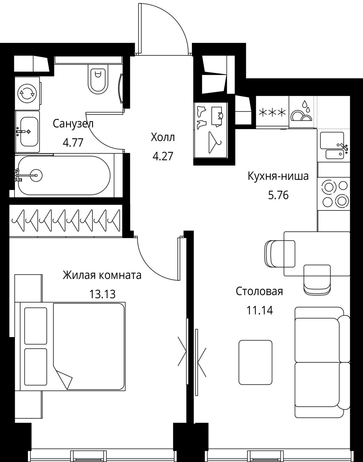 1-комнатная квартира, 39,1 м²