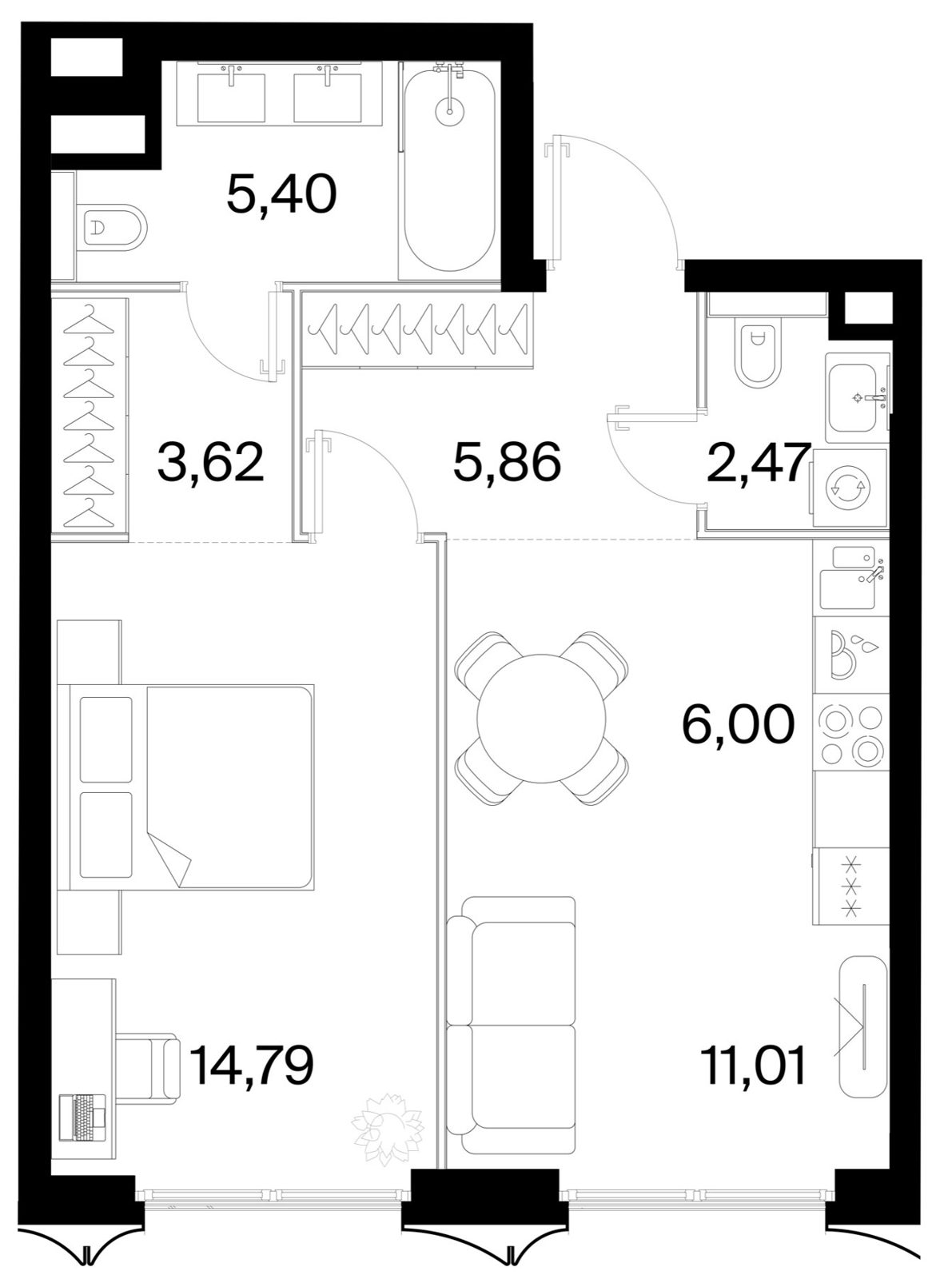 1-комнатная квартира, 49,1 м²