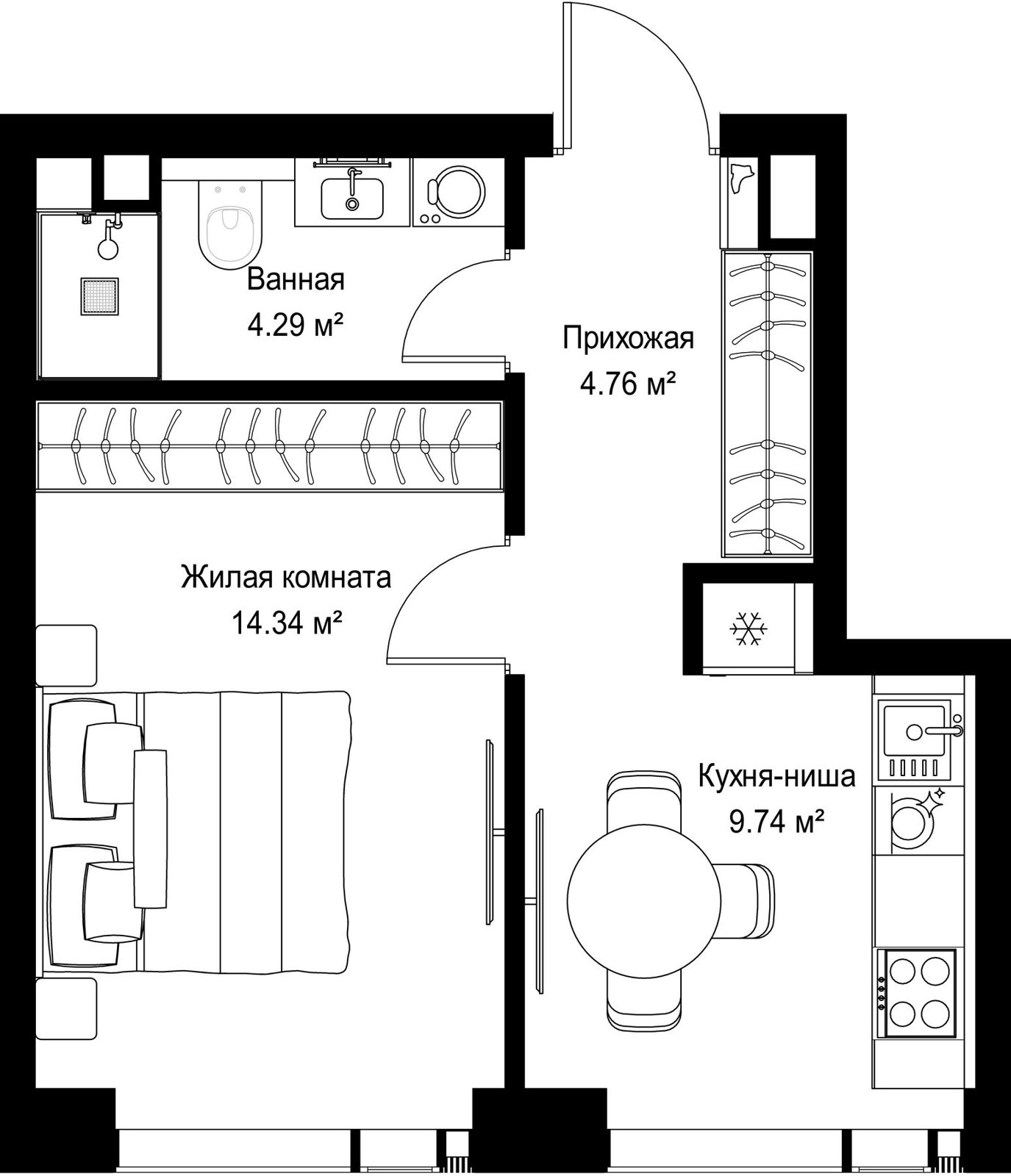 1-комнатная квартира, 33,1 м²
