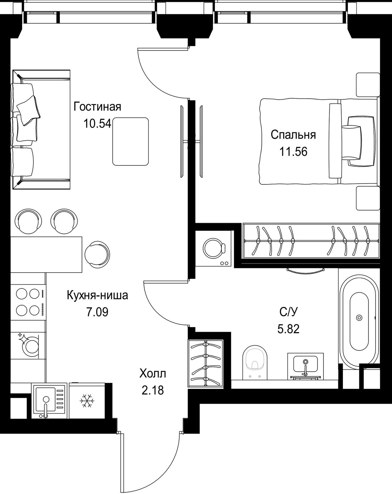 1-комнатная квартира, 37,2 м²