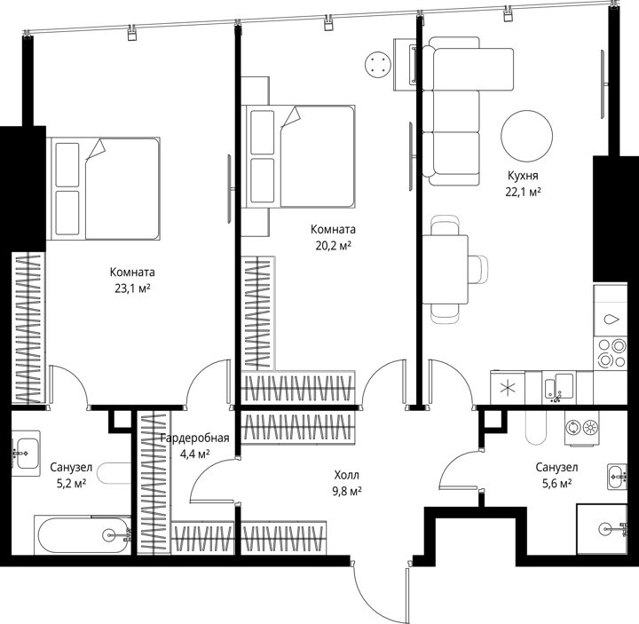 2-комнатная квартира, 90,4 м²