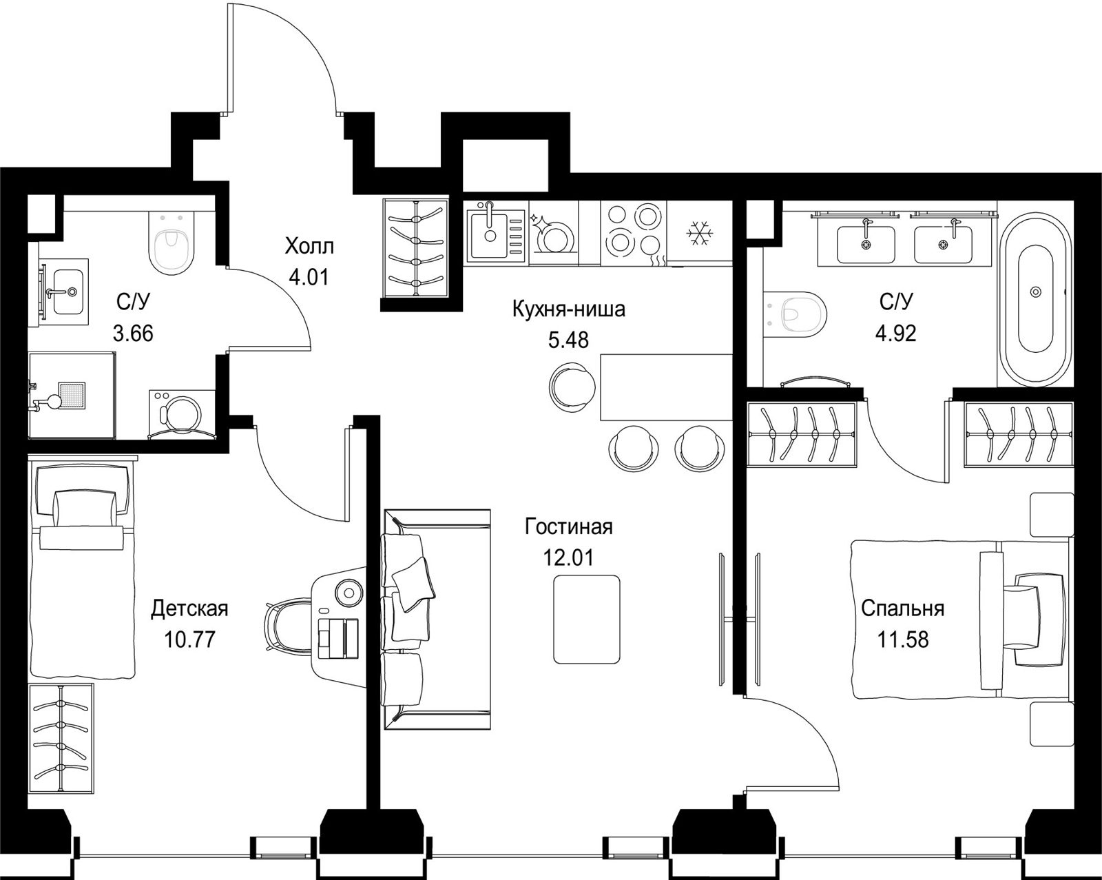 2-комнатная квартира, 52,4 м²