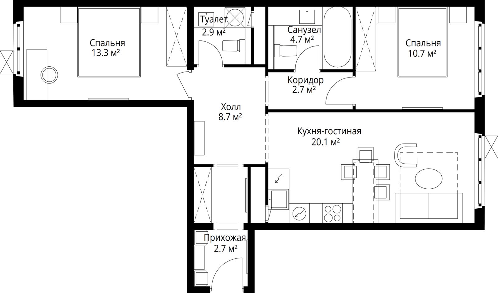 2-комнатная квартира, 65,8 м²