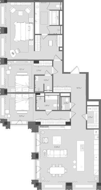 3-комнатная квартира, 169,9 м²