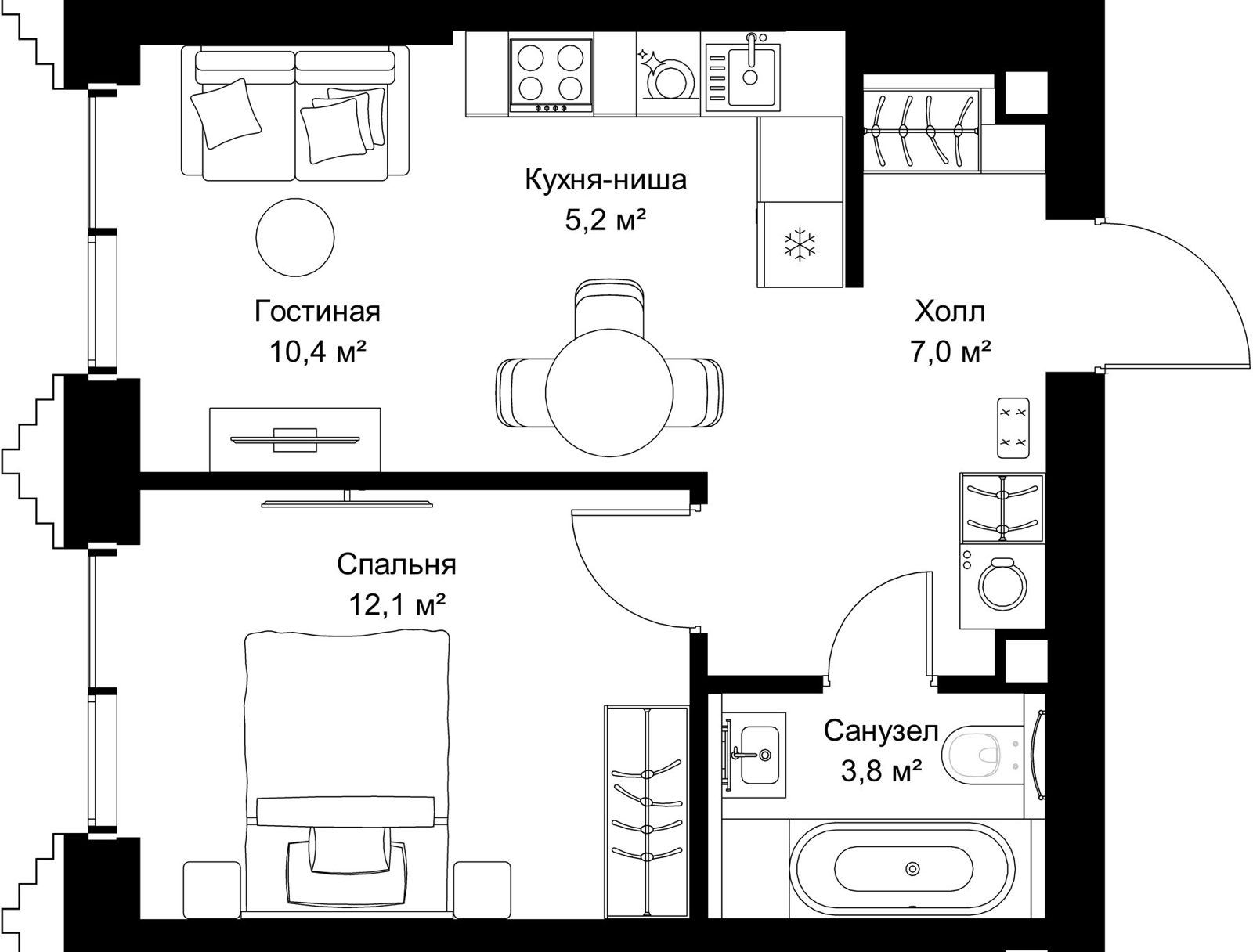 1-комнатная квартира, 38,5 м²