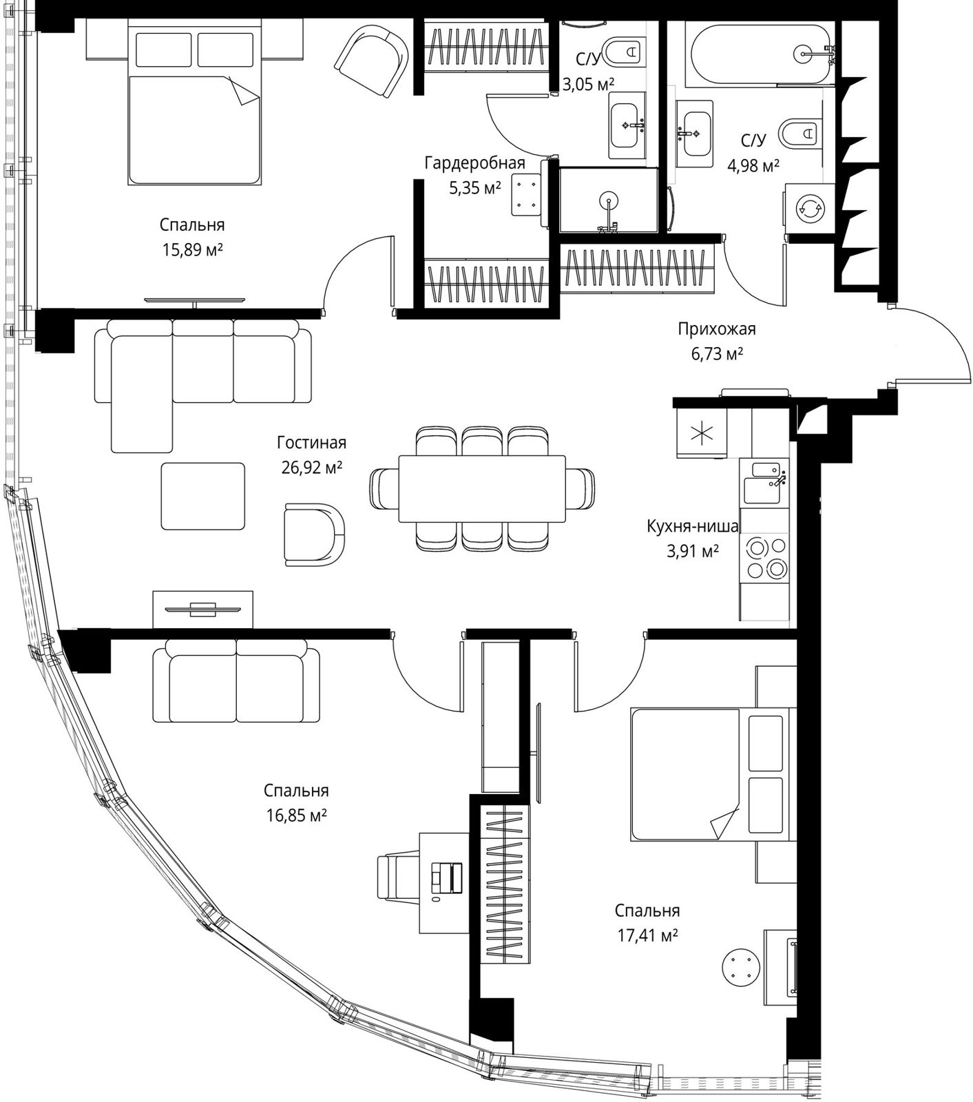 3-комнатная квартира, 101,1 м²