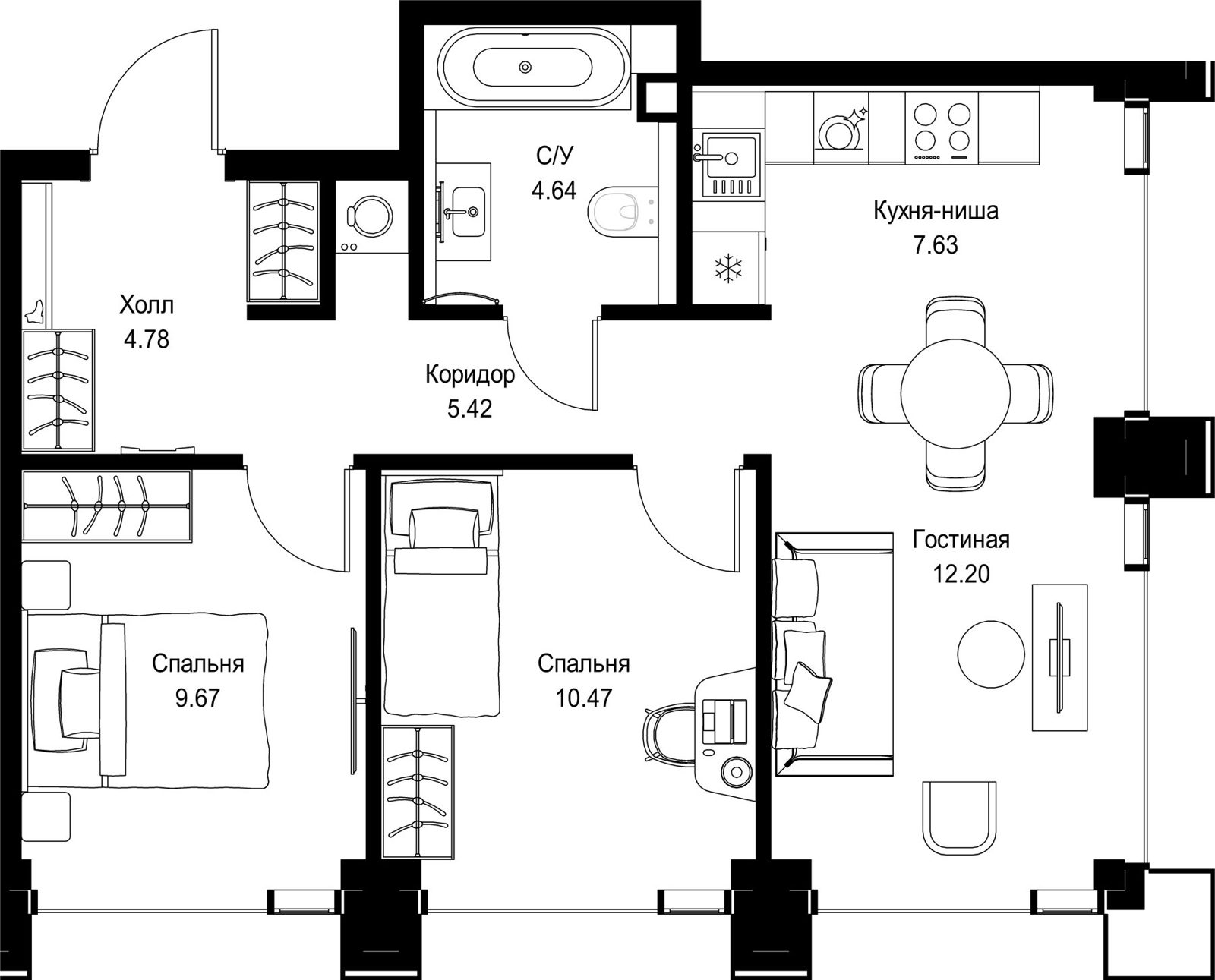 2-комнатная квартира, 54,8 м²