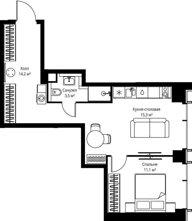 1-комнатная квартира, 44,1 м²