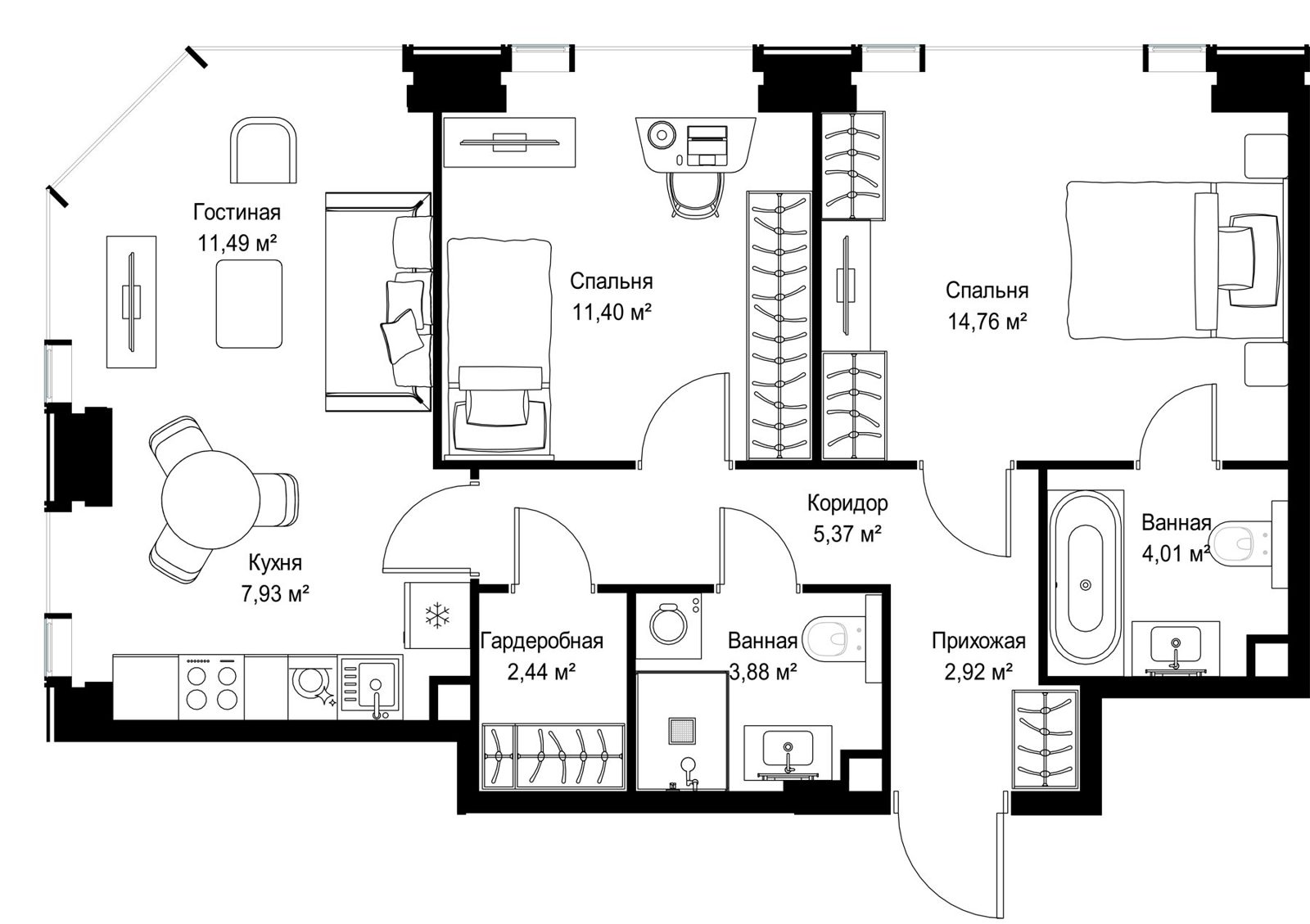 2-комнатная квартира, 64,2 м² — фото 2