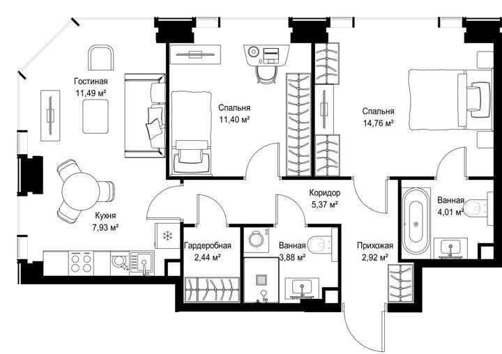 2-комнатная квартира, 64,2 м² — фото 2
