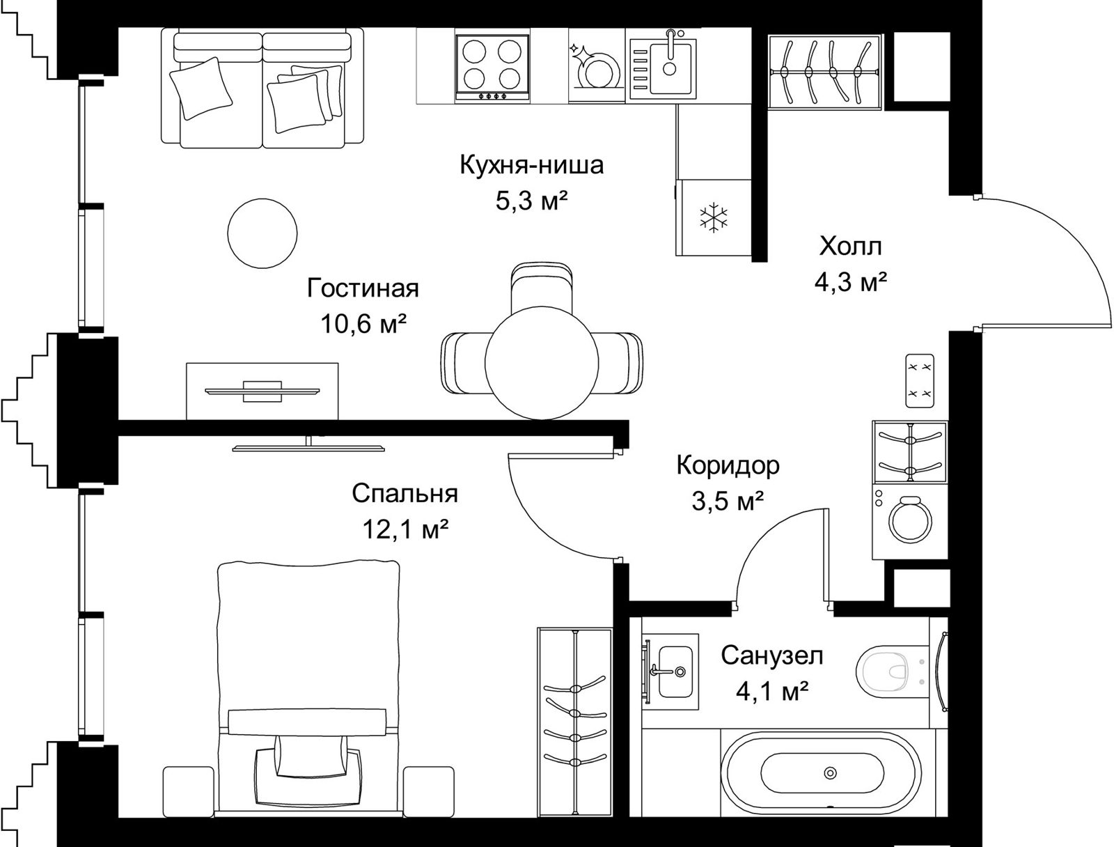 1-комнатная квартира, 39,9 м²