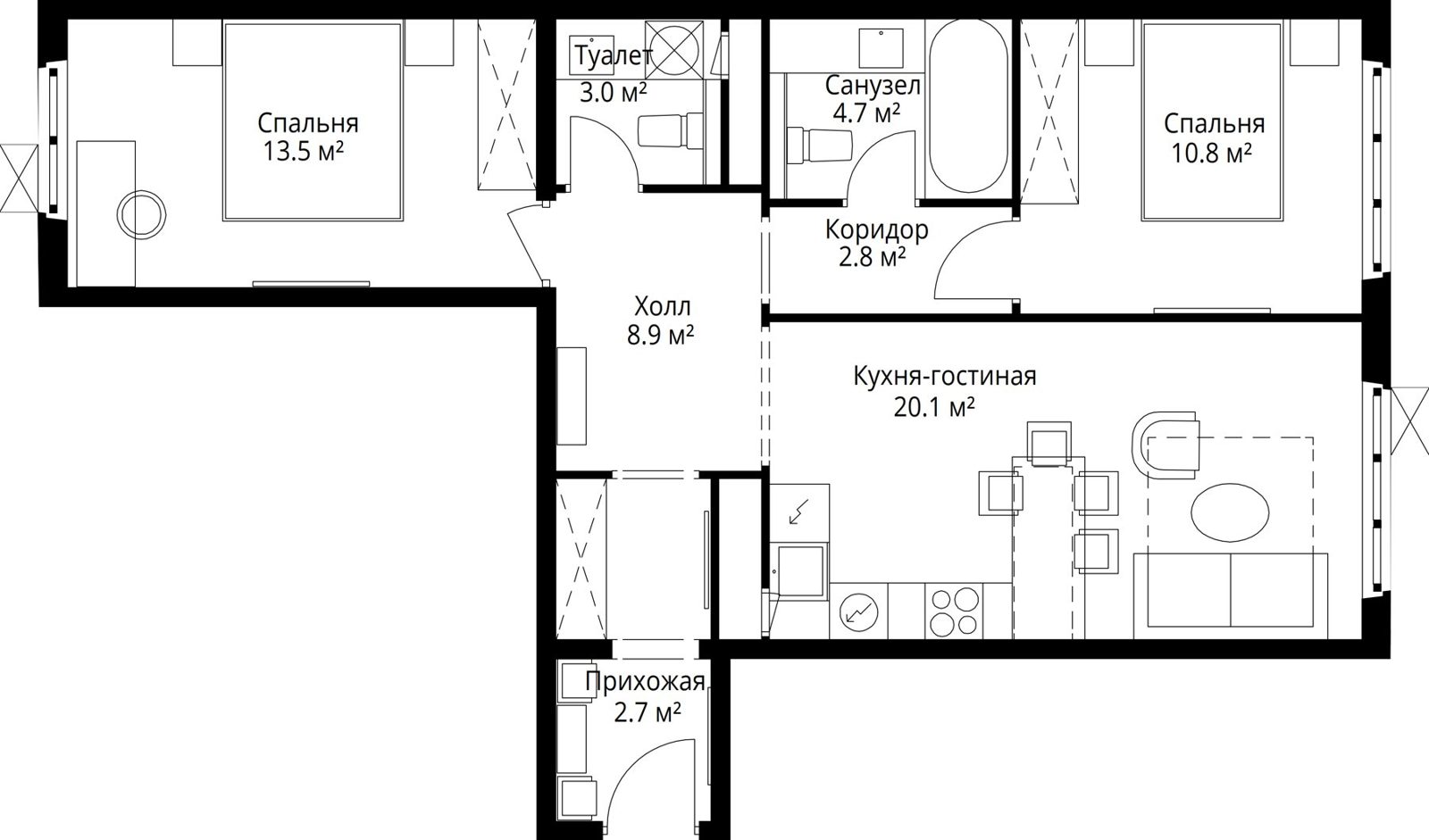 2-комнатная квартира, 66,5 м²