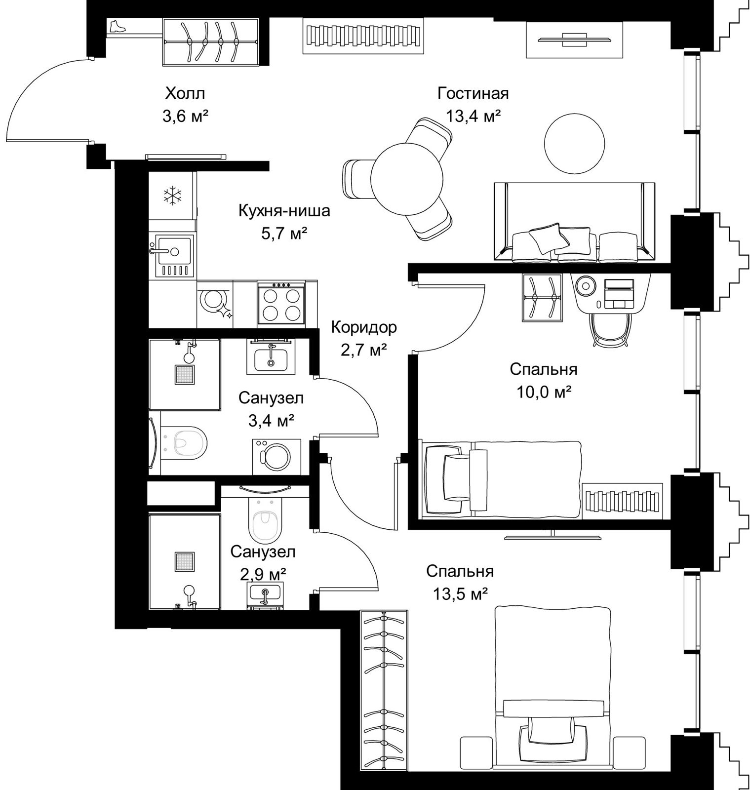 2-комнатная квартира, 55,2 м²