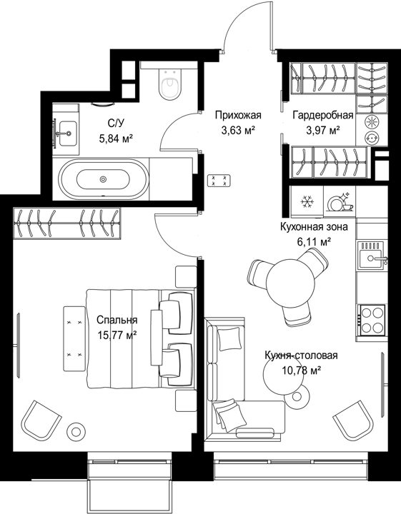 1-комнатная квартира, 46,1 м² — фото 1