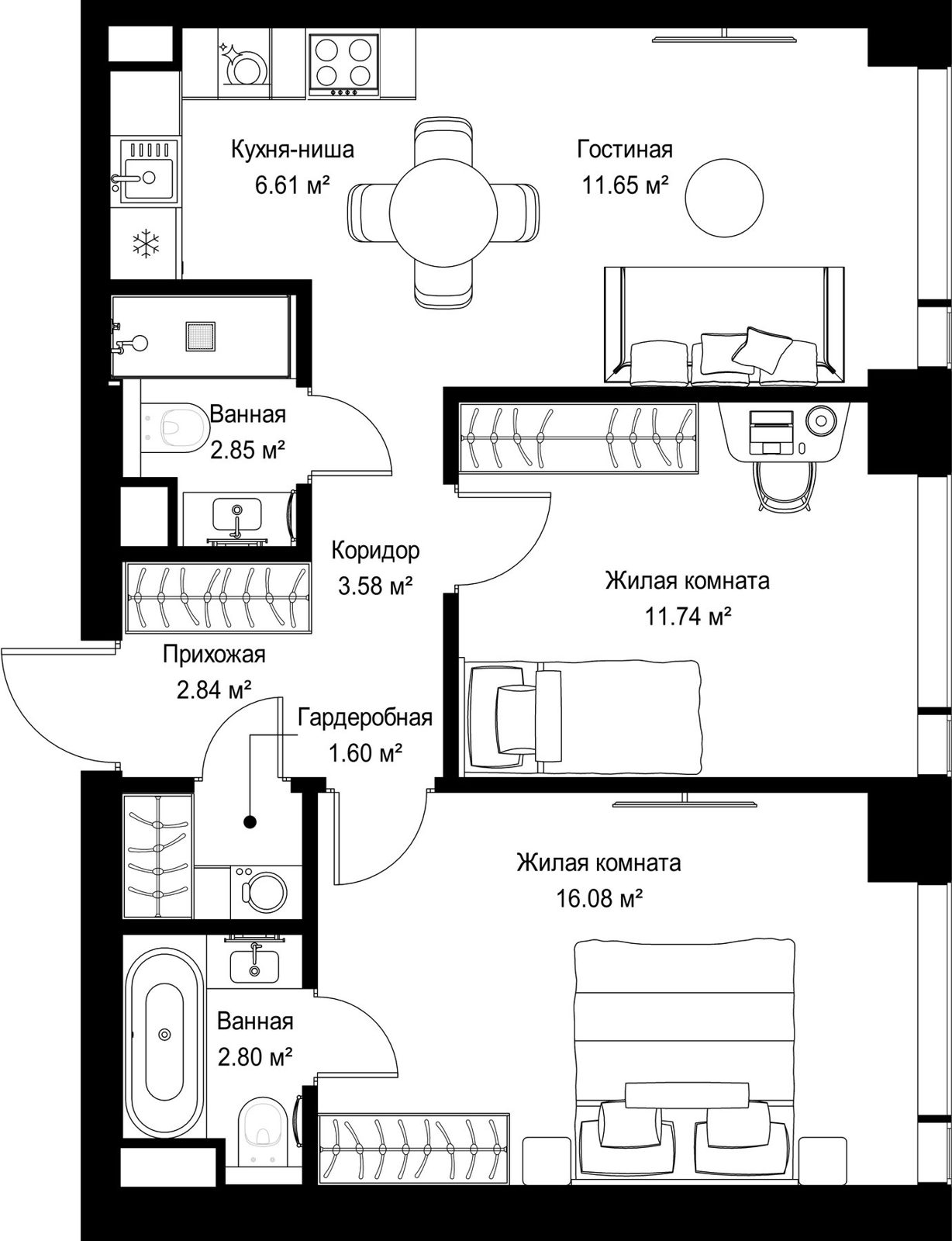2-комнатная квартира, 59,8 м²