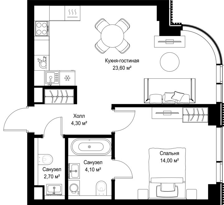 1-комнатная квартира, 48,7 м² — фото 1