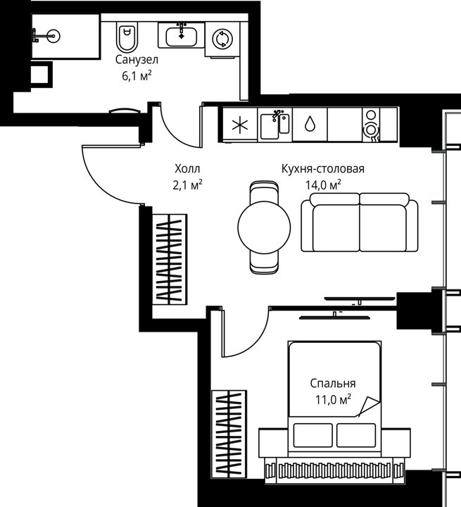 1-комнатная квартира, 33,2 м²