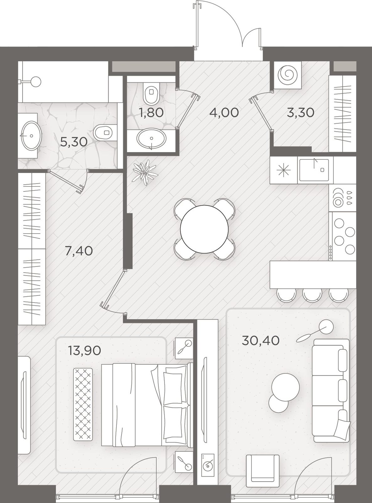 1-комнатная квартира, 66,1 м²