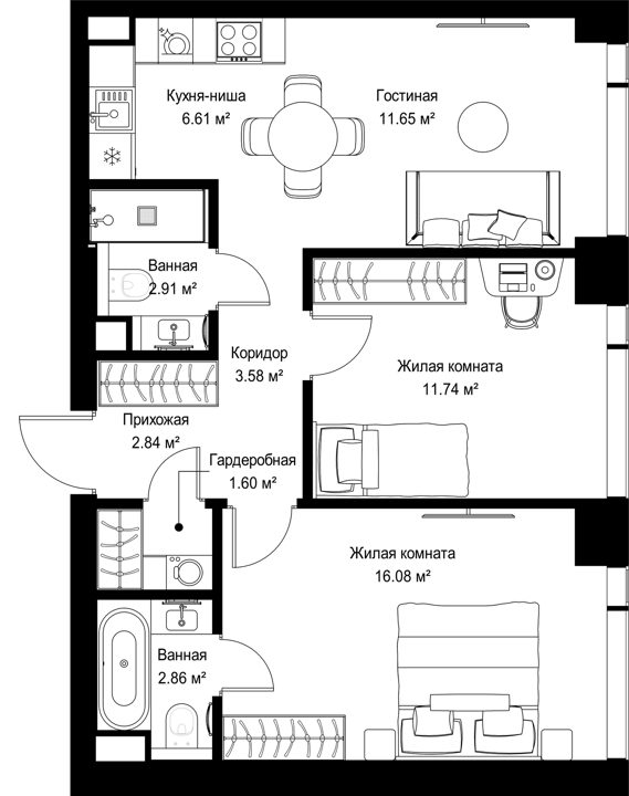 2-комнатная квартира, 59,9 м²