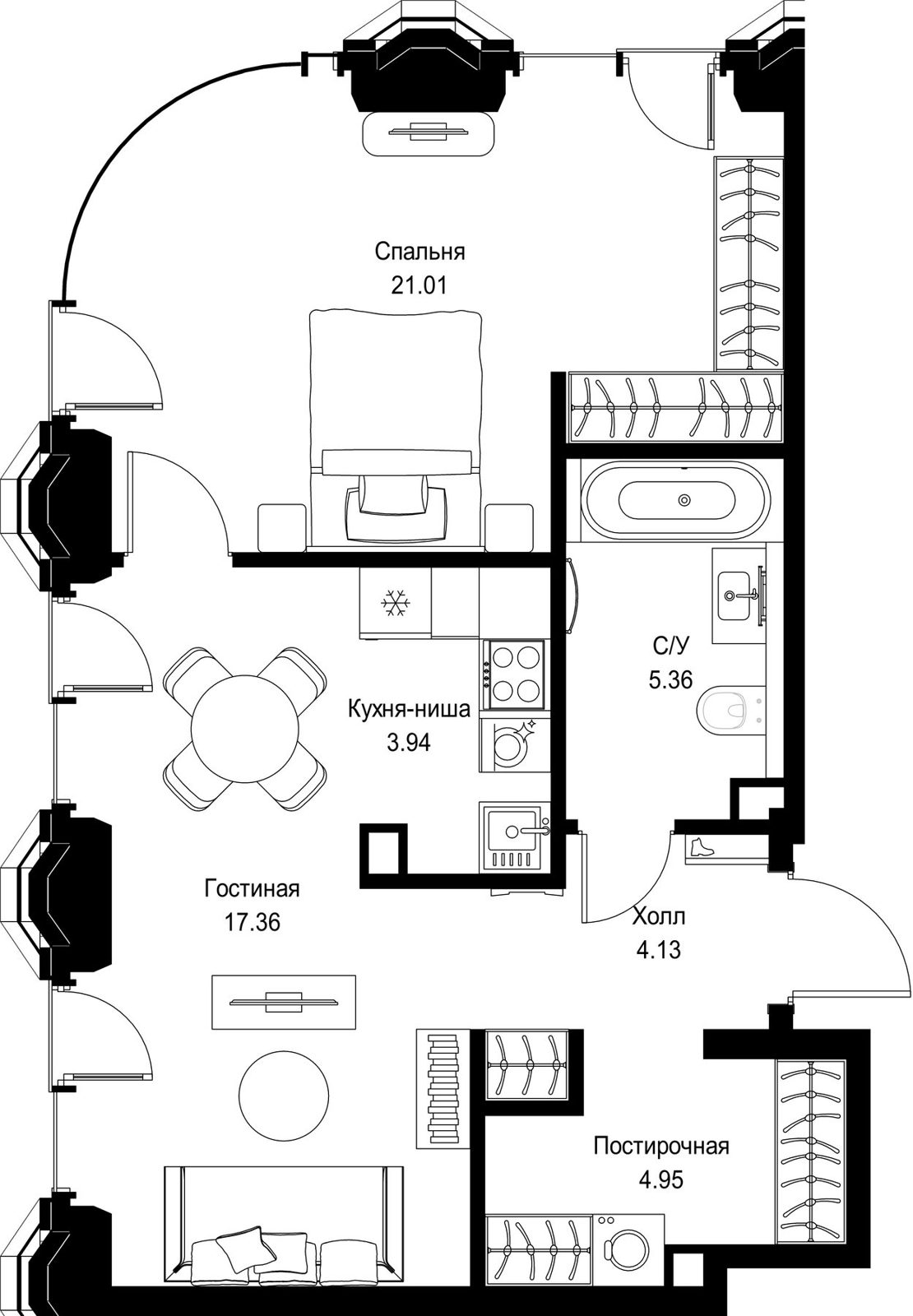 1-комнатная квартира, 55,3 м²