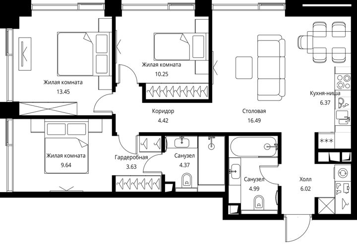 3-комнатная квартира, 79,6 м² — фото 1