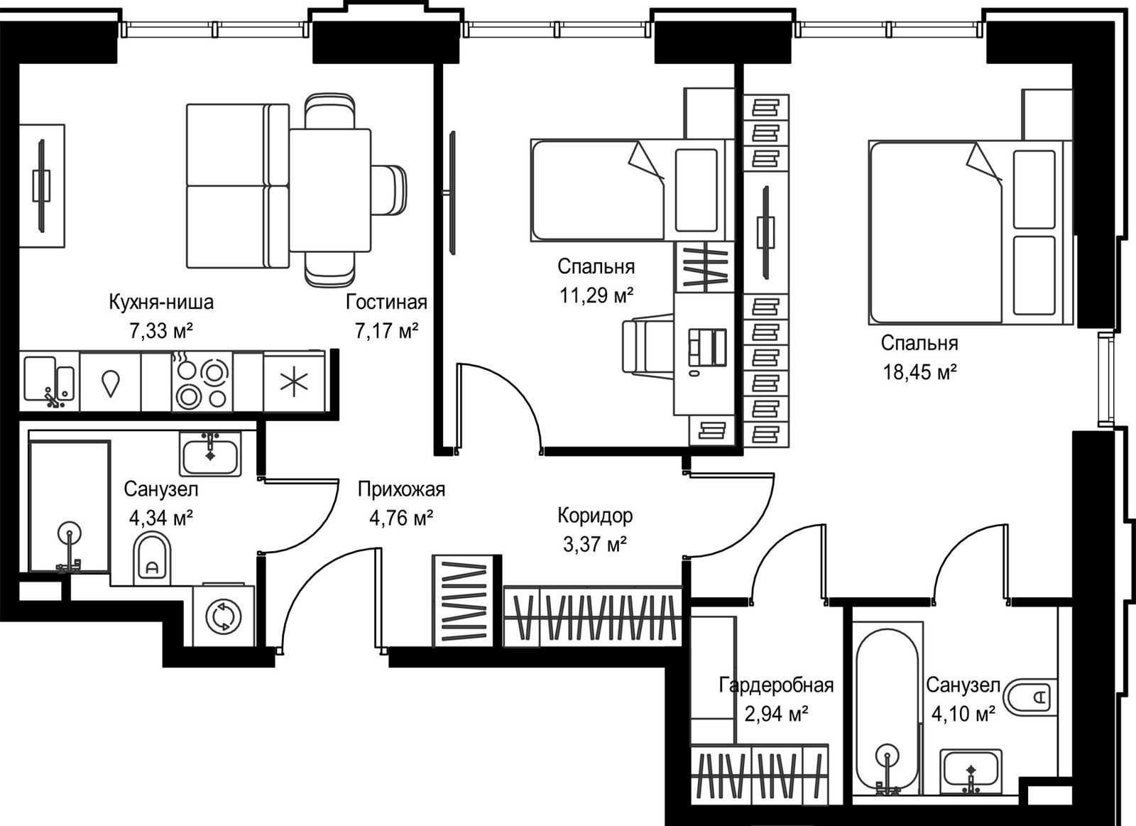 2-комнатная квартира, 63,8 м²