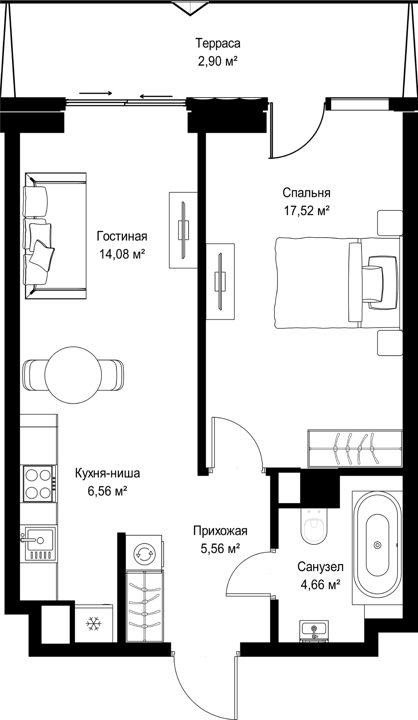 1-комнатная квартира, 51,3 м²