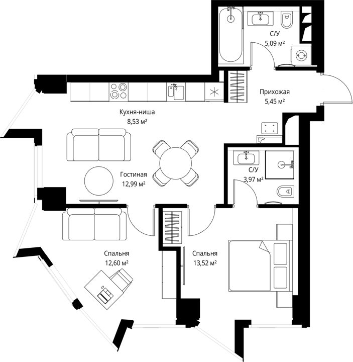 2-комнатная квартира, 62,4 м²