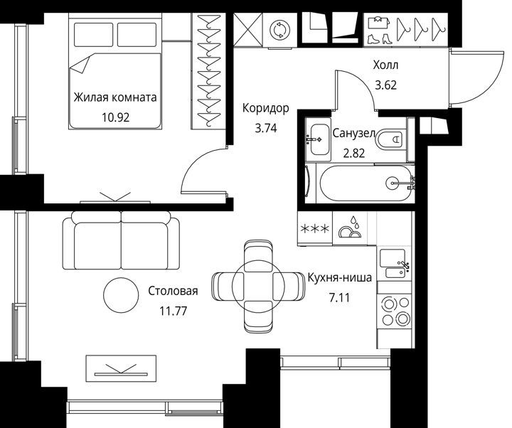 1-комнатная квартира, 40 м² — фото 1