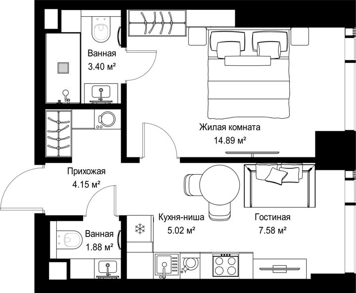 1-комнатная квартира, 36,9 м²