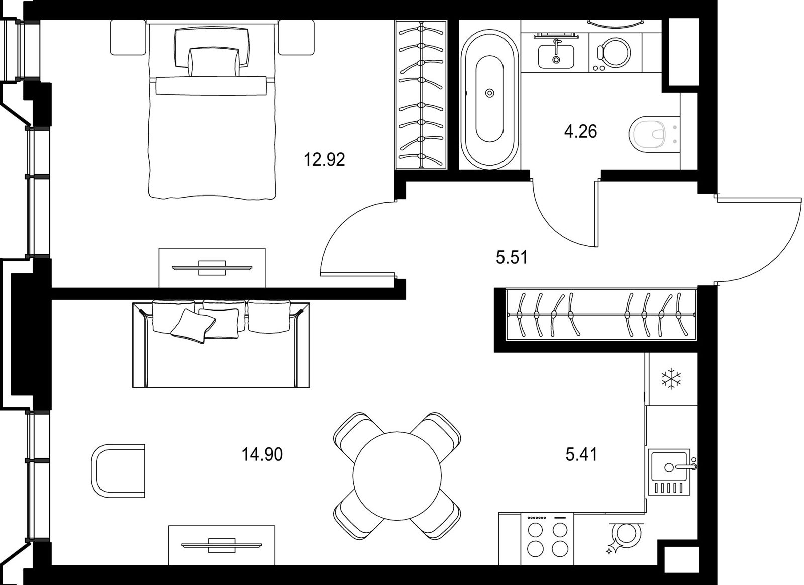 1-комнатная квартира, 43 м²