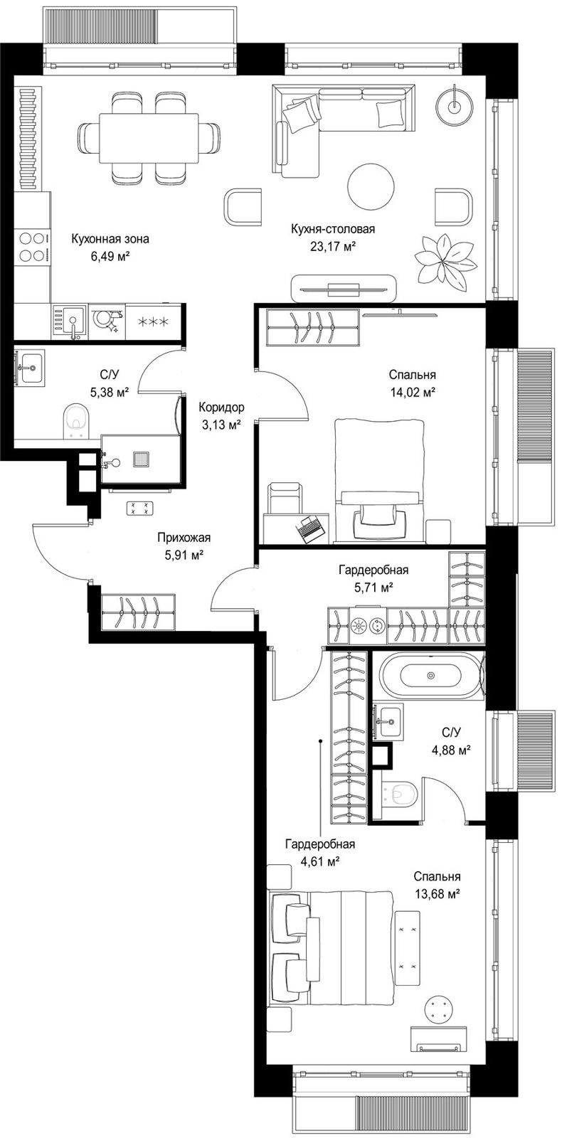 2-комнатная квартира, 87 м²
