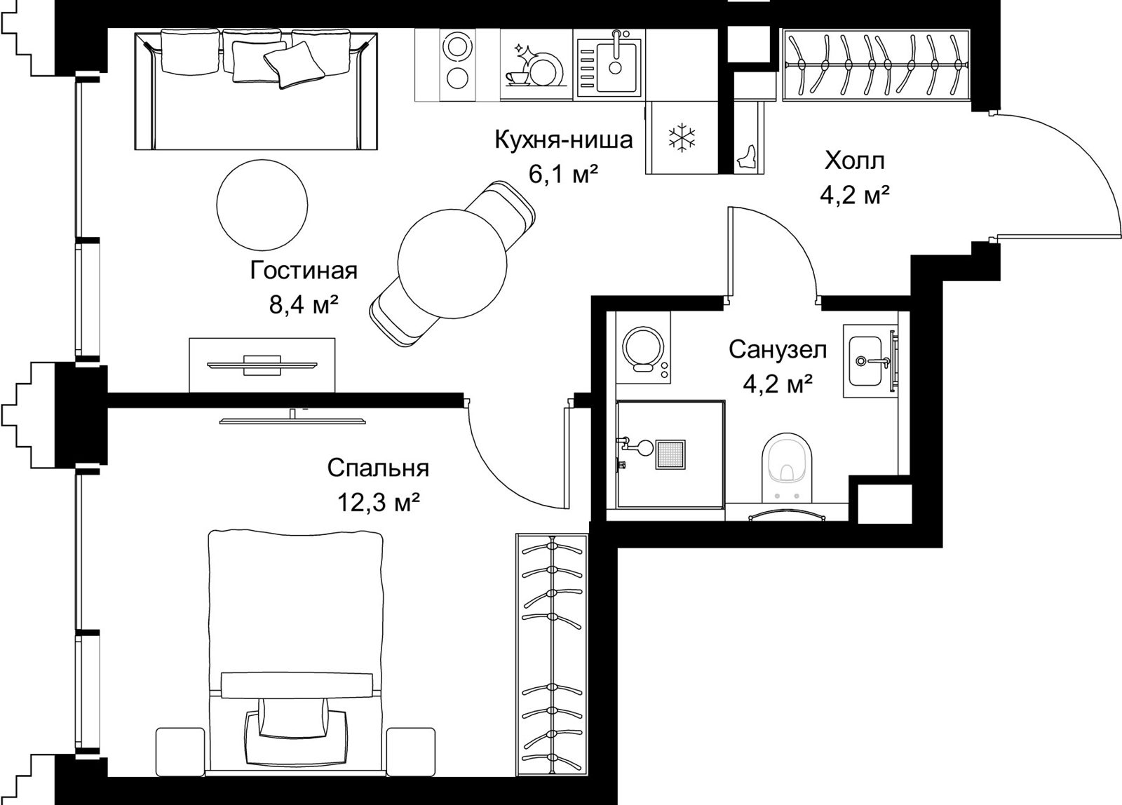 1-комнатная квартира, 35,2 м²