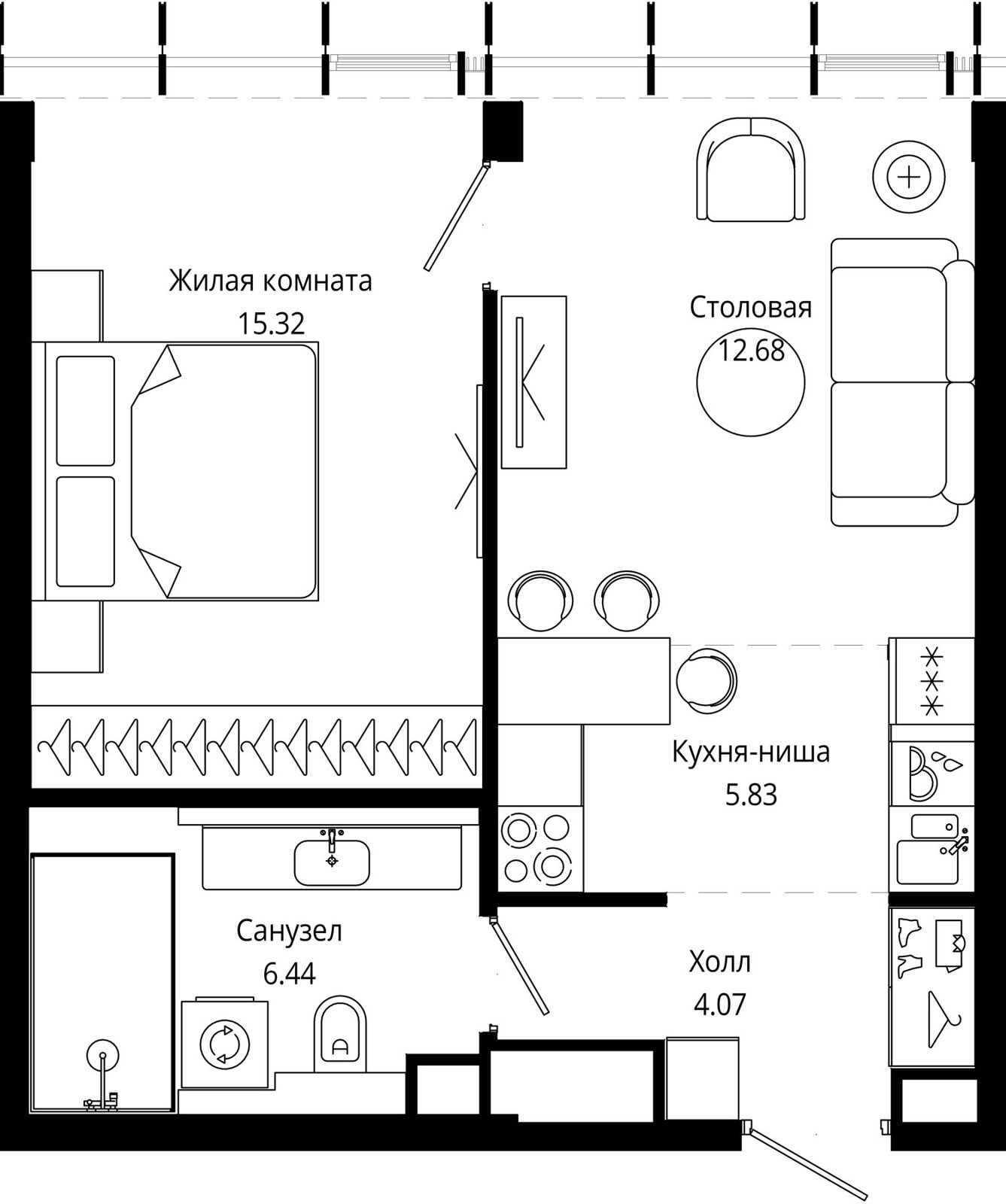 1-комнатная квартира, 44 м²