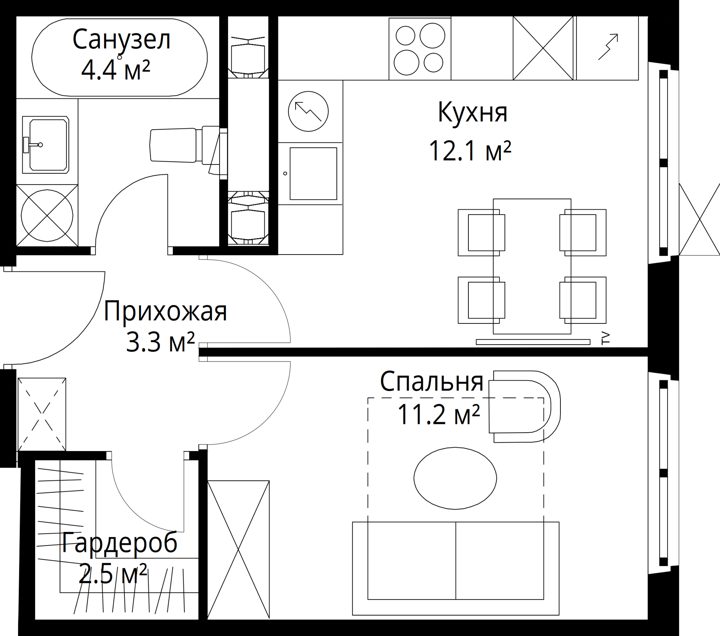 1-комнатная квартира, 33,5 м² — фото 1