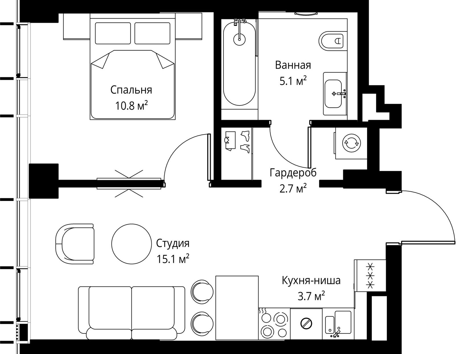 1-комнатная квартира, 37,4 м²