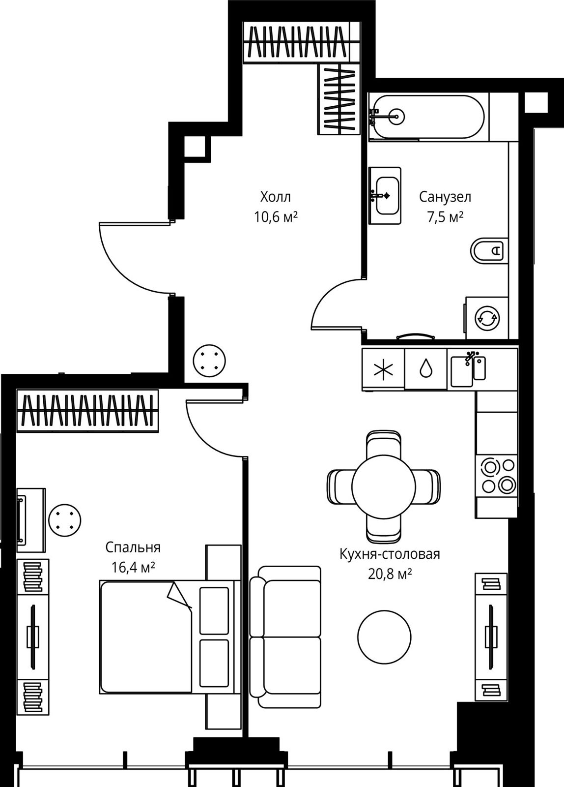 1-комнатная квартира, 55,3 м²