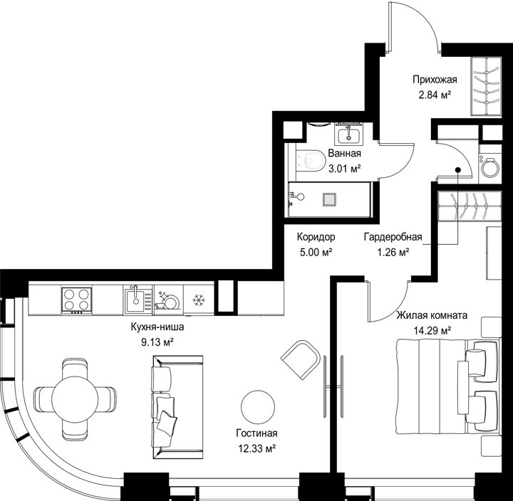 1-комнатная квартира, 47,9 м²