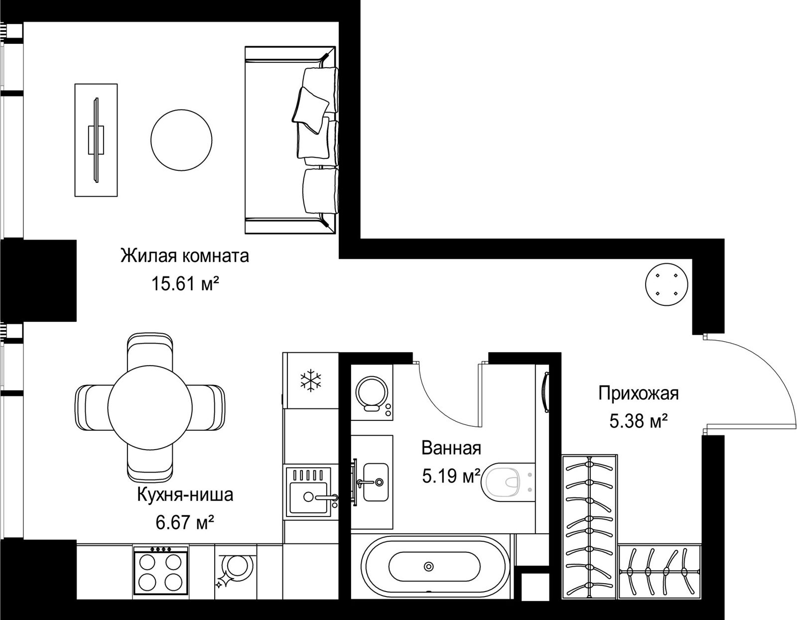 Квартира-студия, 32,9 м²