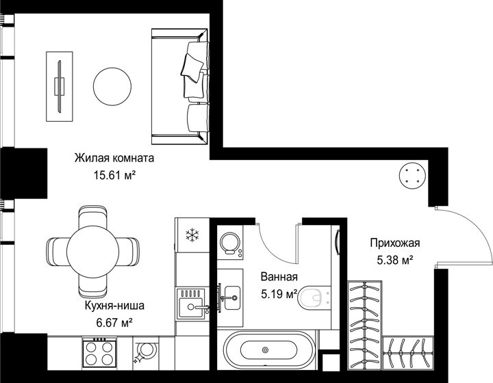 Квартира-студия, 32,9 м²