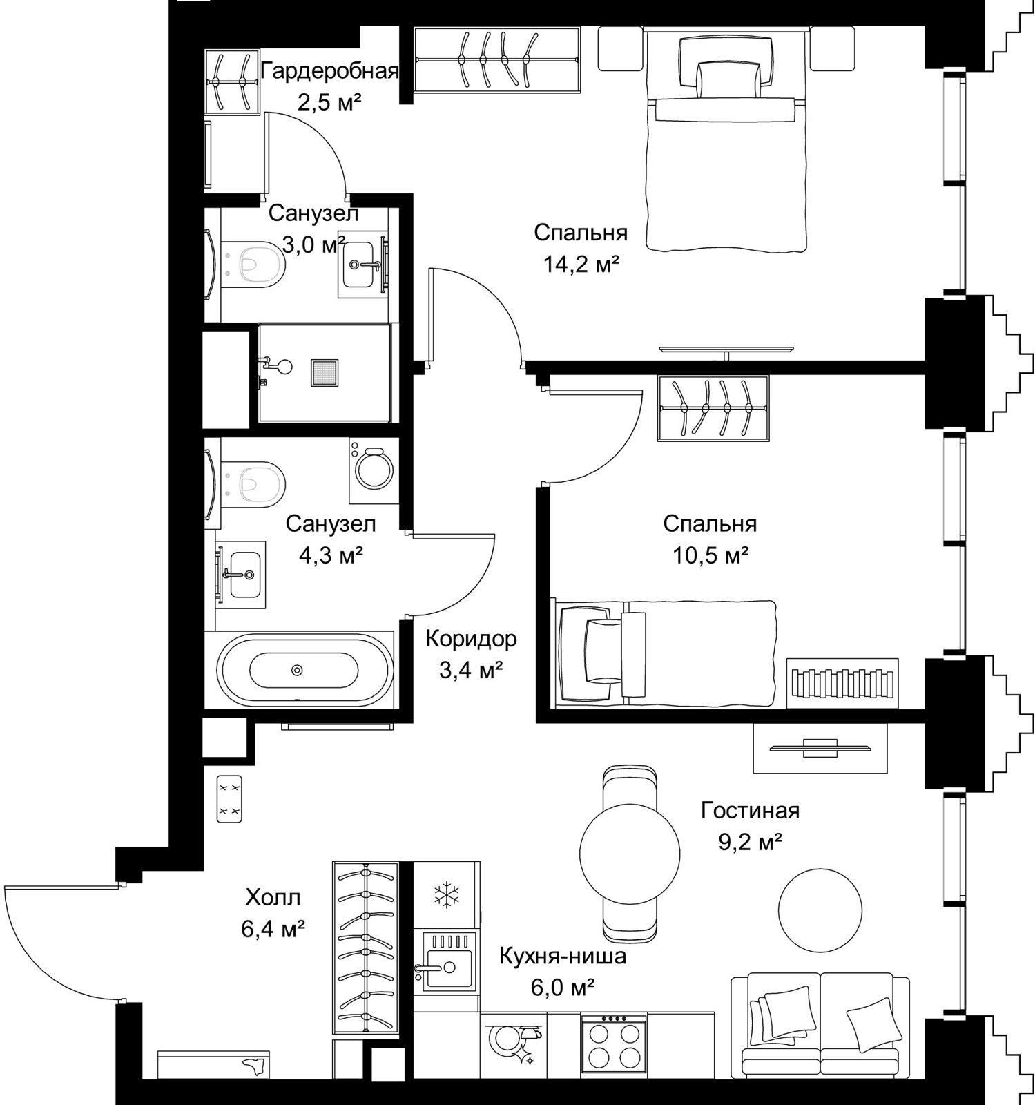 2-комнатная квартира, 59,5 м²