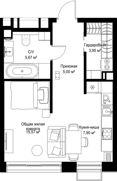 1-комнатная квартира, 38,1 м² — фото 1