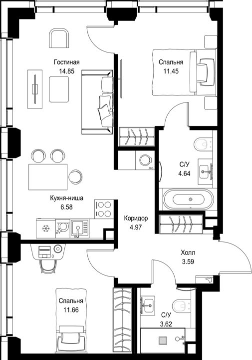 2-комнатная квартира, 61,4 м²