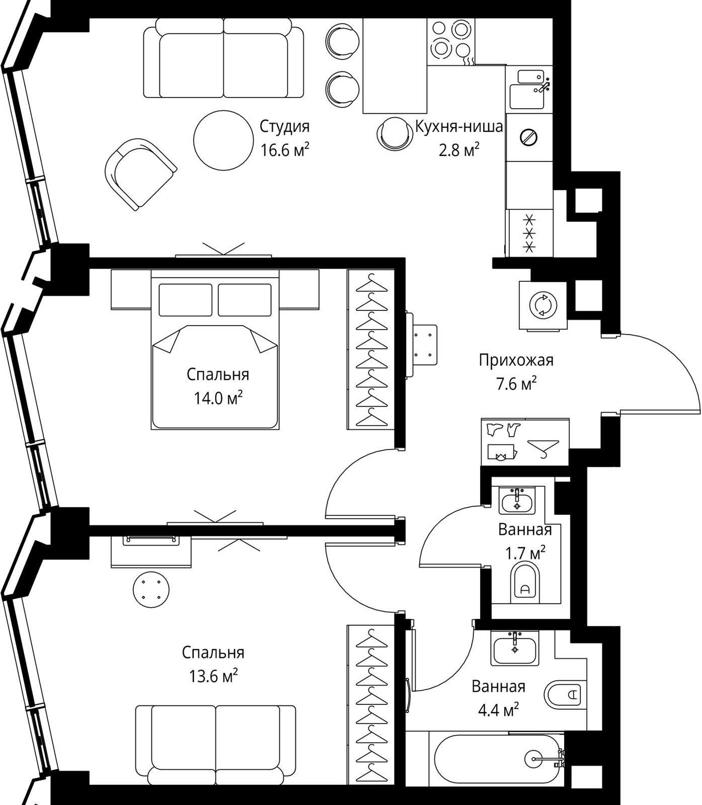 2-комнатная квартира, 60,7 м²