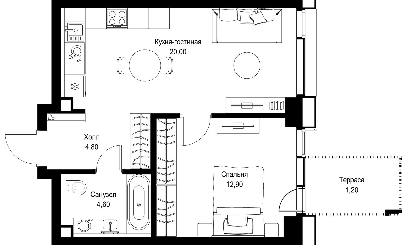 1-комнатная квартира, 43,5 м²
