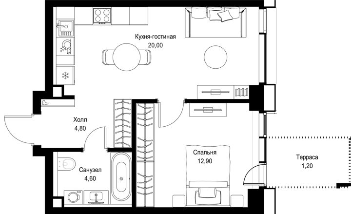 1-комнатная квартира, 43,5 м² — фото 1